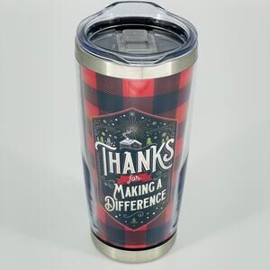 Thanks for Making A Difference Black & Red Plaid Metal Tumbler Cup with Lid NWOT